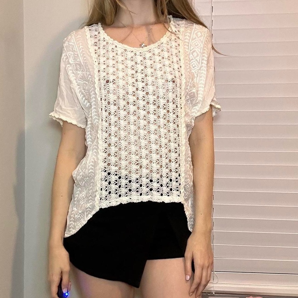 White Crochet Blouse with Cuffed Sleeves